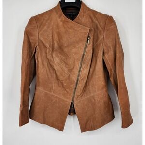 Lafayette 148 New York Size 2 Cognac Leather Asymmetrical Zip Moto Jacket Blazer